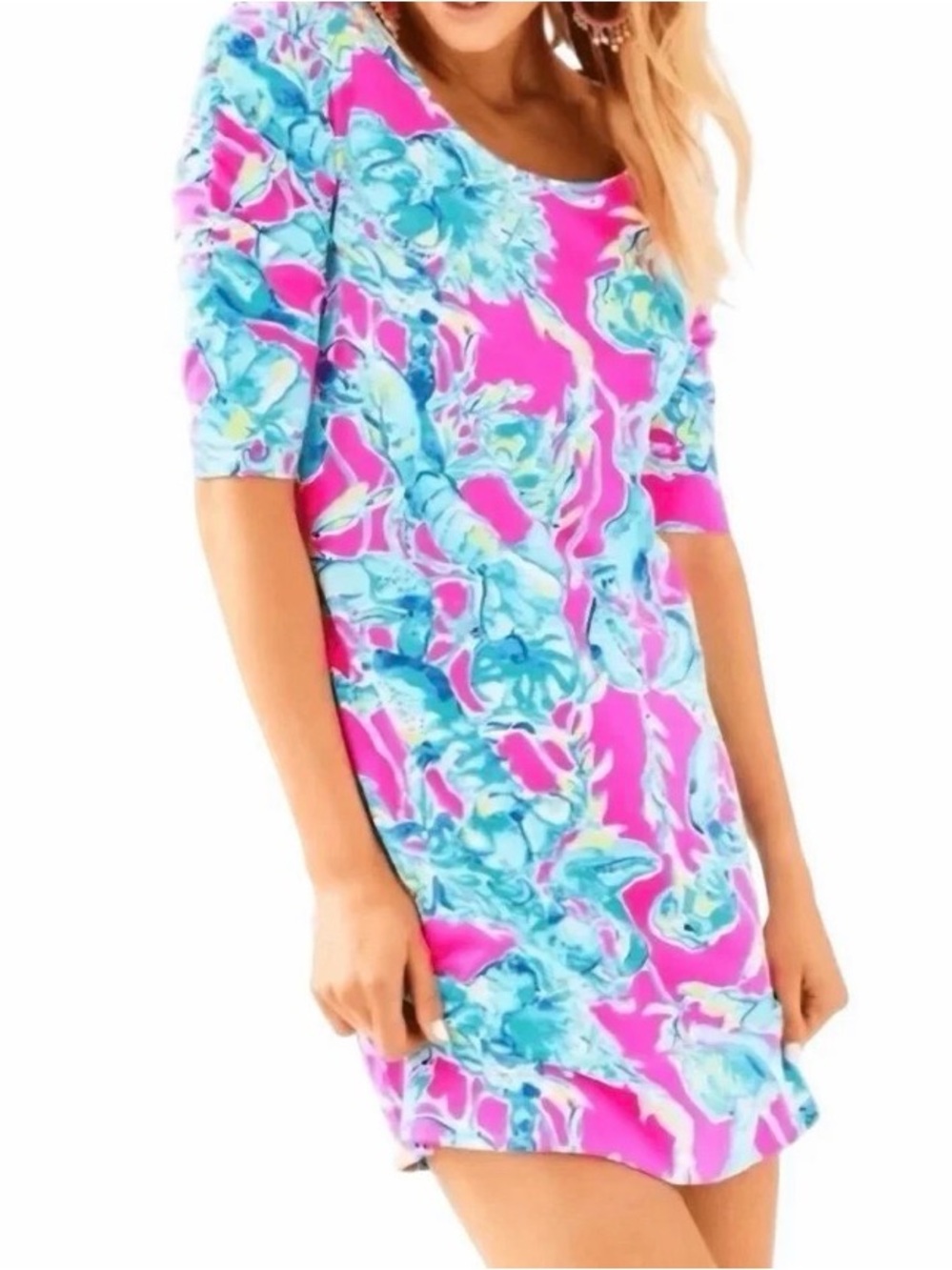 Lilly Pulitzer Floral La Jolla 3/4 sleeve Mini Dress lobsters size M 100% Cotton